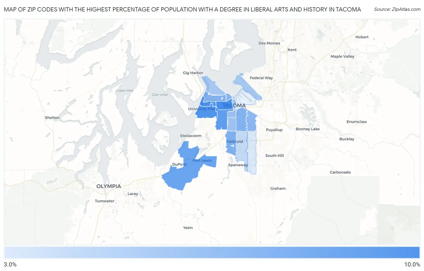 Zip Codes with the Highest Percentage of Population with a Degree in Liberal Arts and History in Tacoma Map