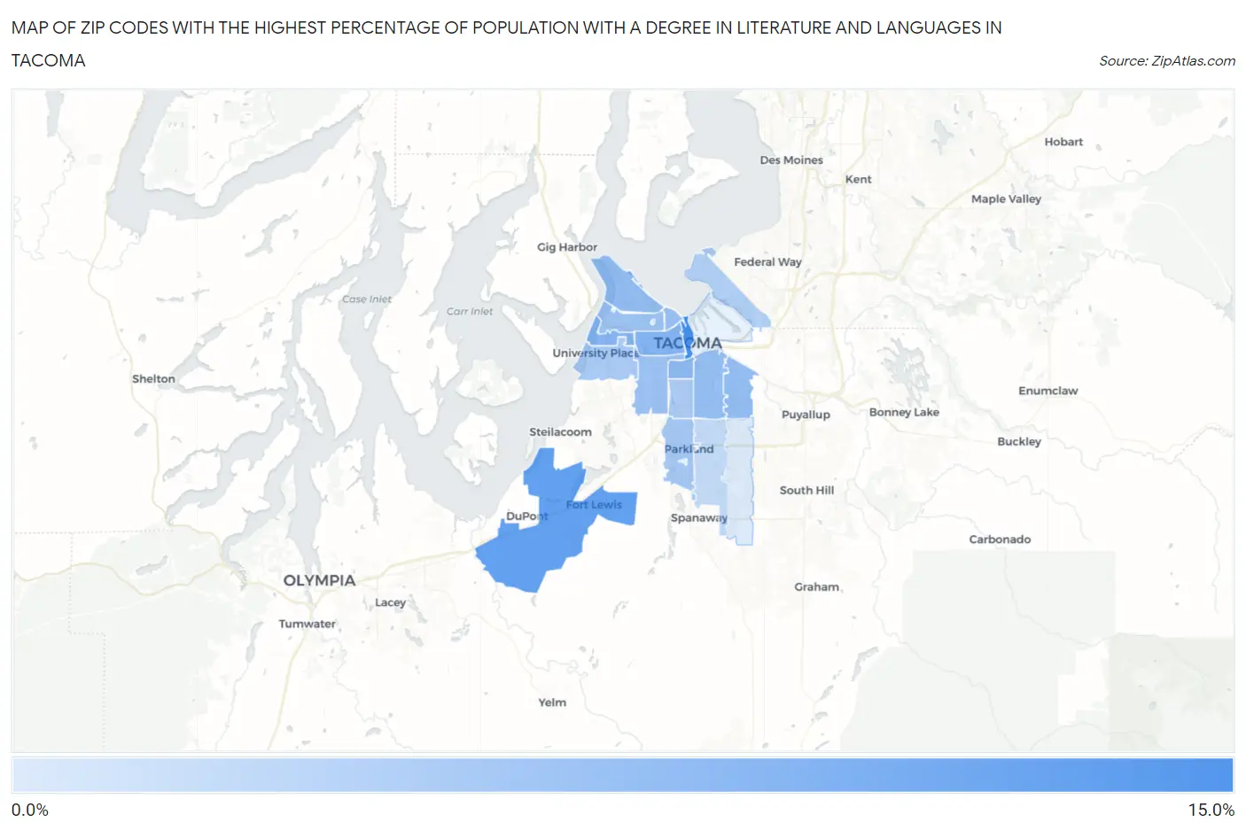 Zip Codes with the Highest Percentage of Population with a Degree in Literature and Languages in Tacoma Map