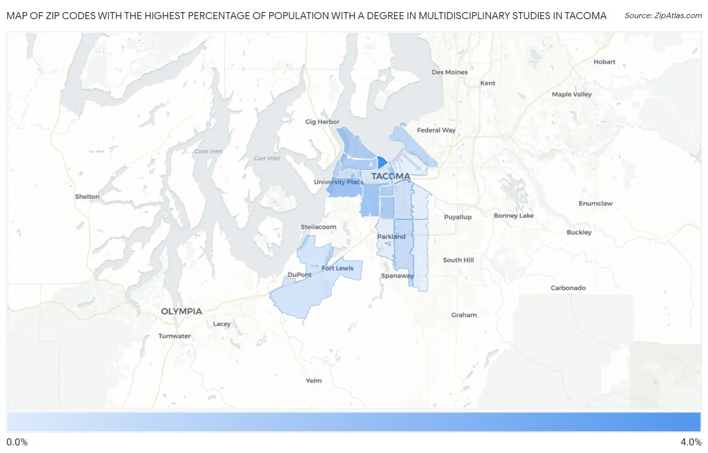 Zip Codes with the Highest Percentage of Population with a Degree in Multidisciplinary Studies in Tacoma Map