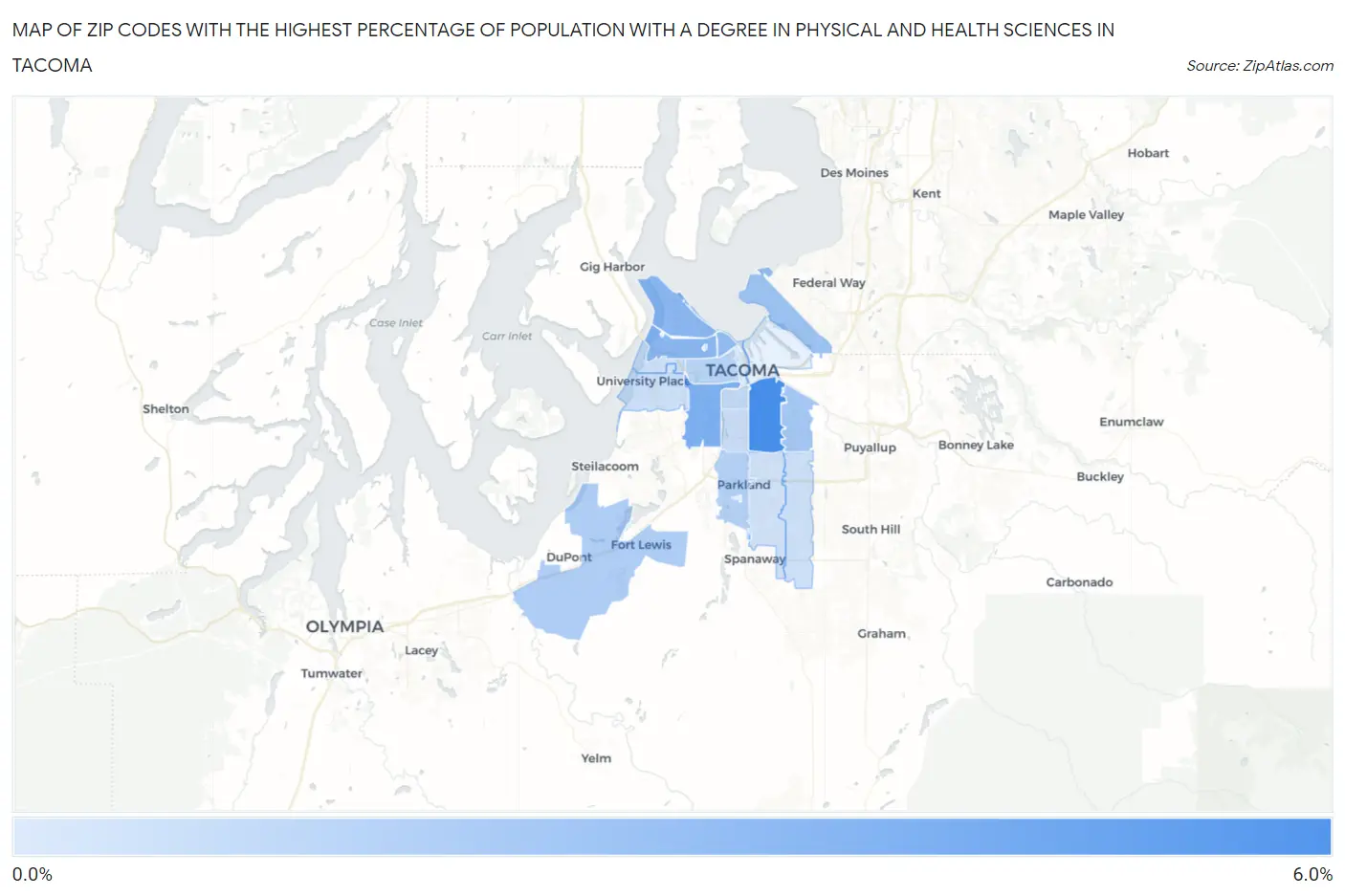 Zip Codes with the Highest Percentage of Population with a Degree in Physical and Health Sciences in Tacoma Map