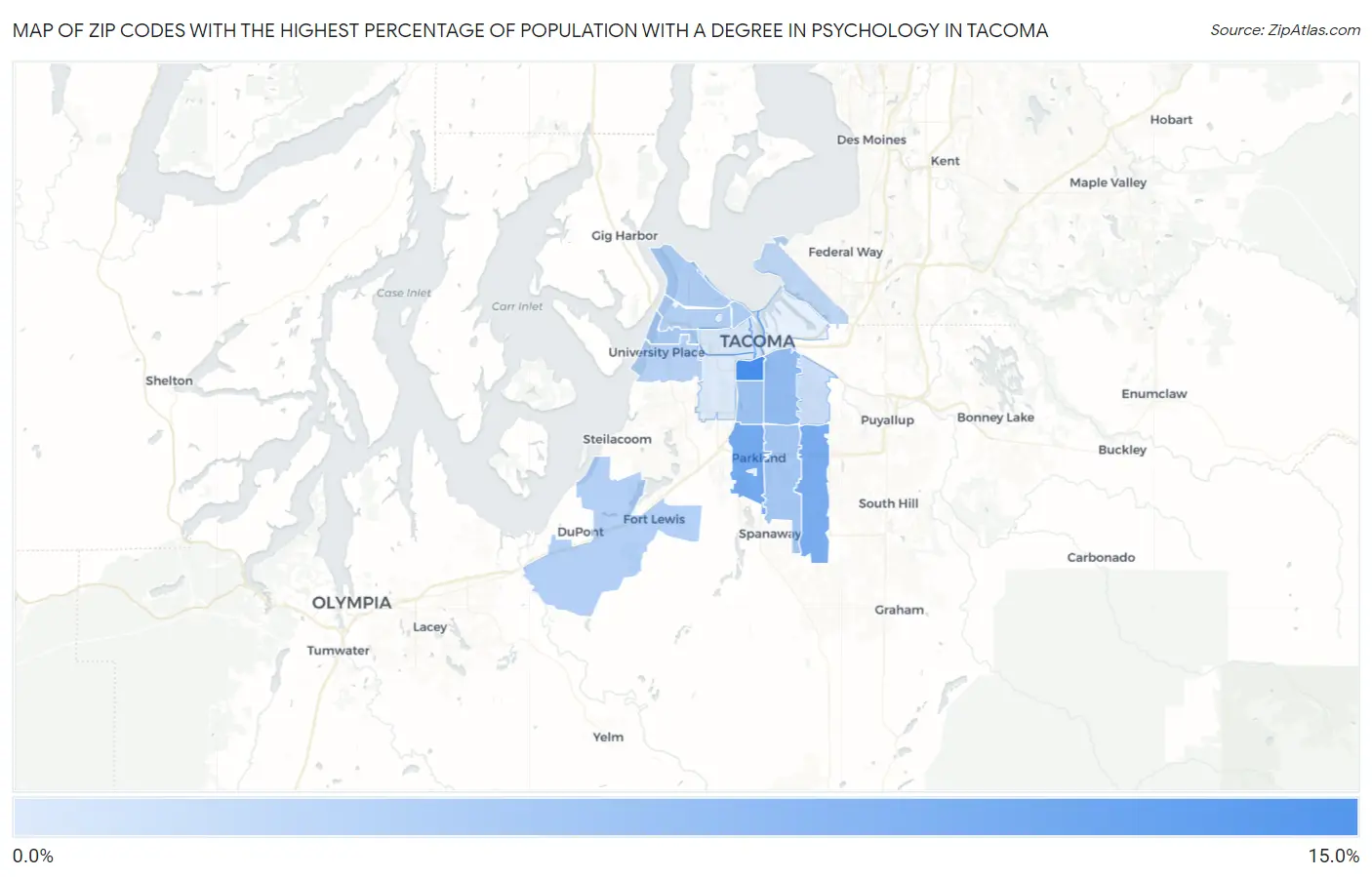 Zip Codes with the Highest Percentage of Population with a Degree in Psychology in Tacoma Map