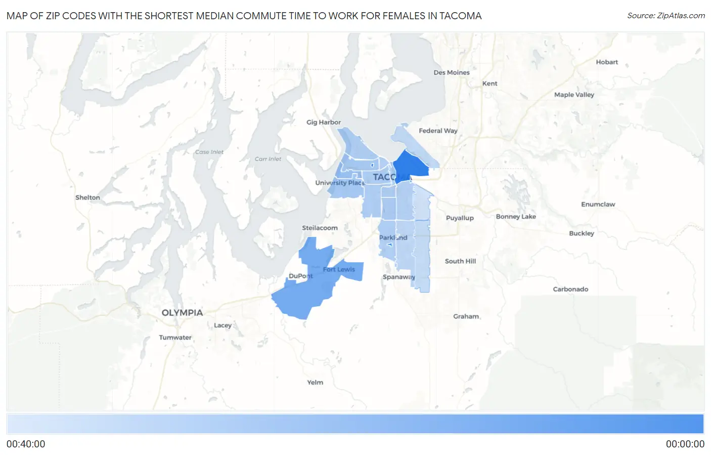 Zip Codes with the Shortest Median Commute Time to Work for Females in Tacoma Map