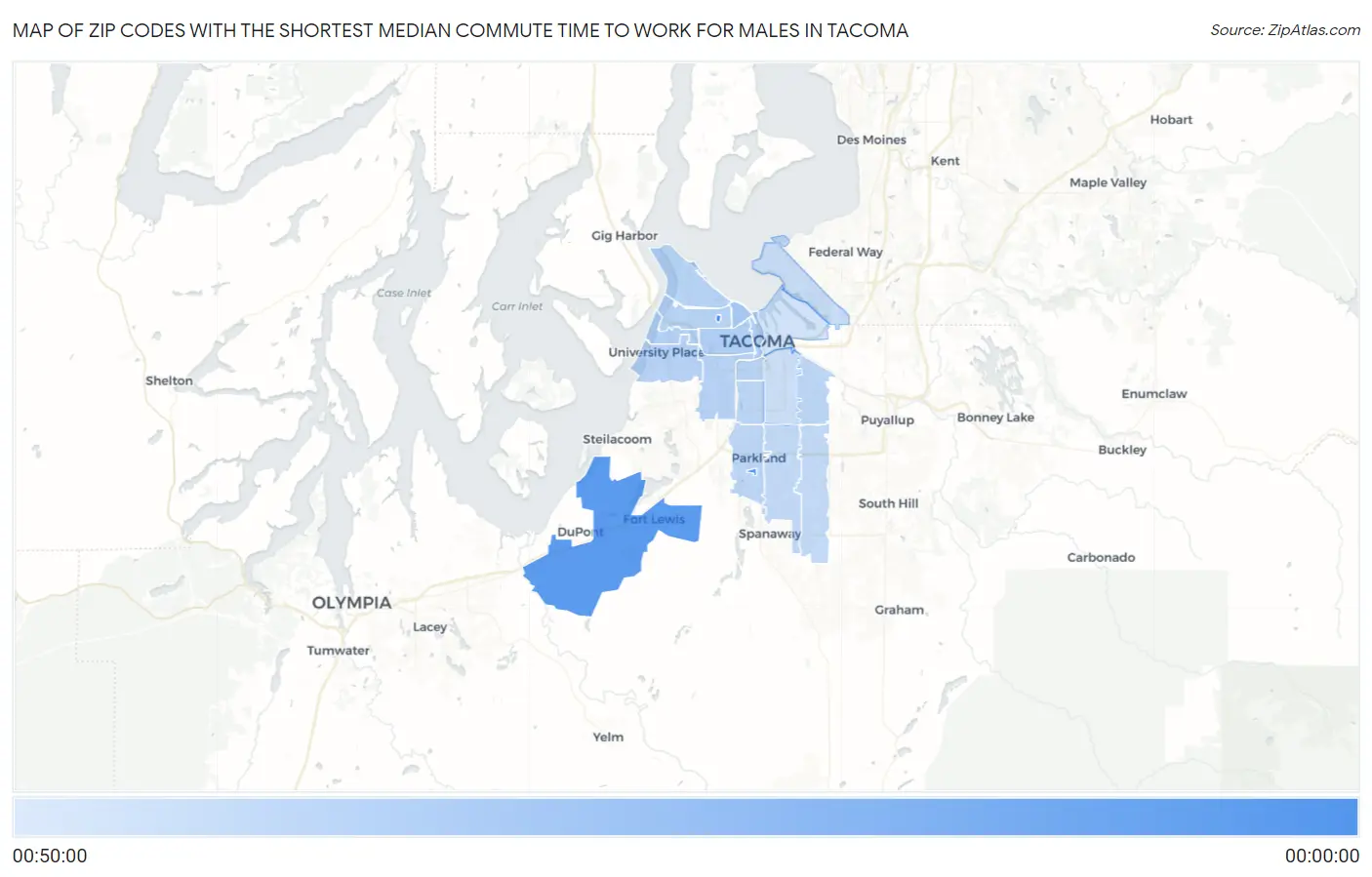 Zip Codes with the Shortest Median Commute Time to Work for Males in Tacoma Map