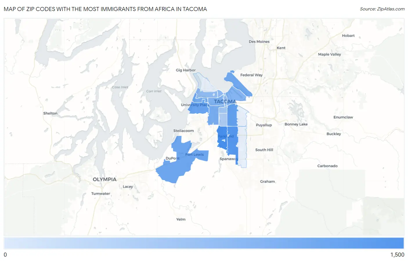 Zip Codes with the Most Immigrants from Africa in Tacoma Map