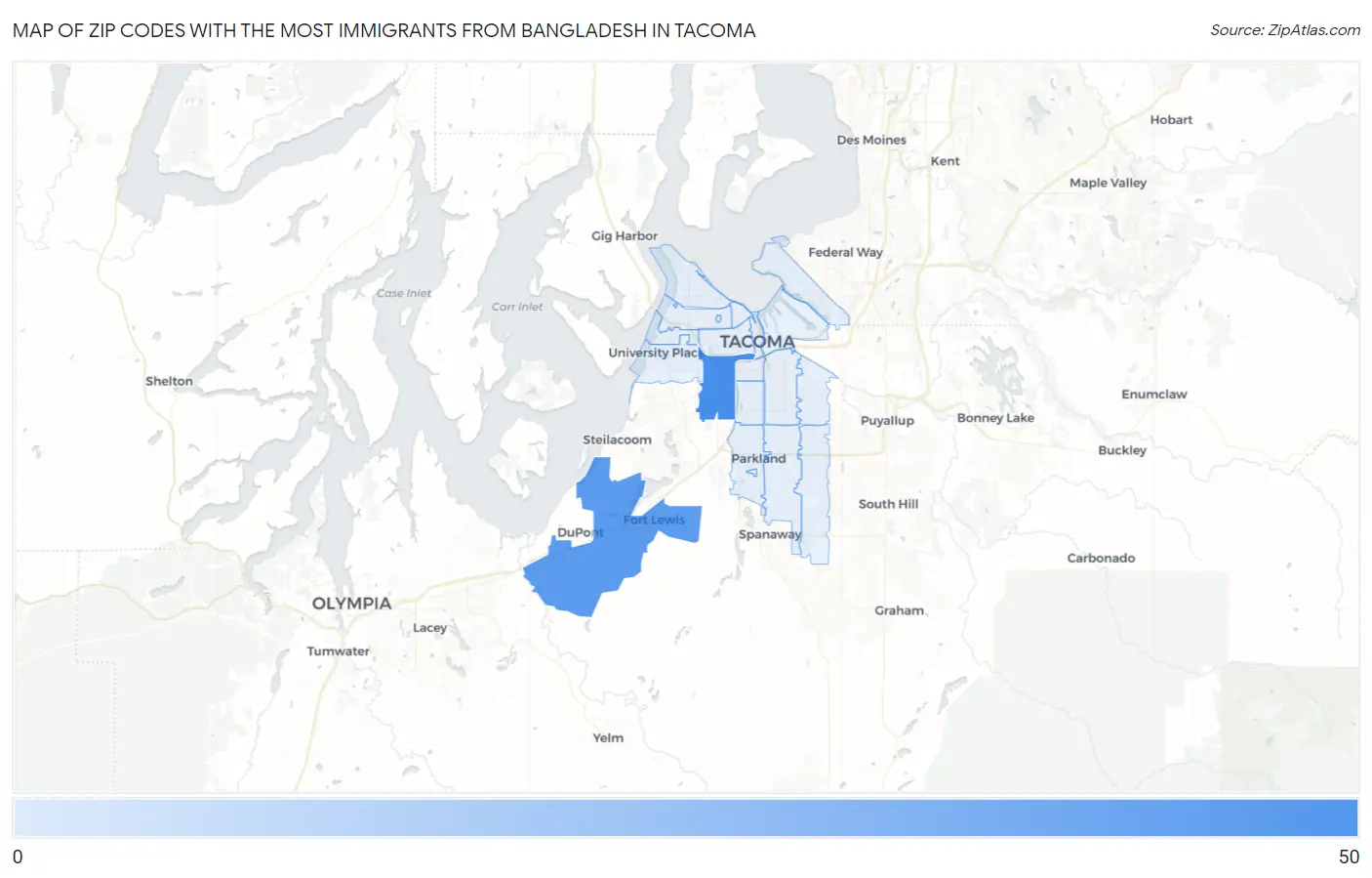 Zip Codes with the Most Immigrants from Bangladesh in Tacoma Map