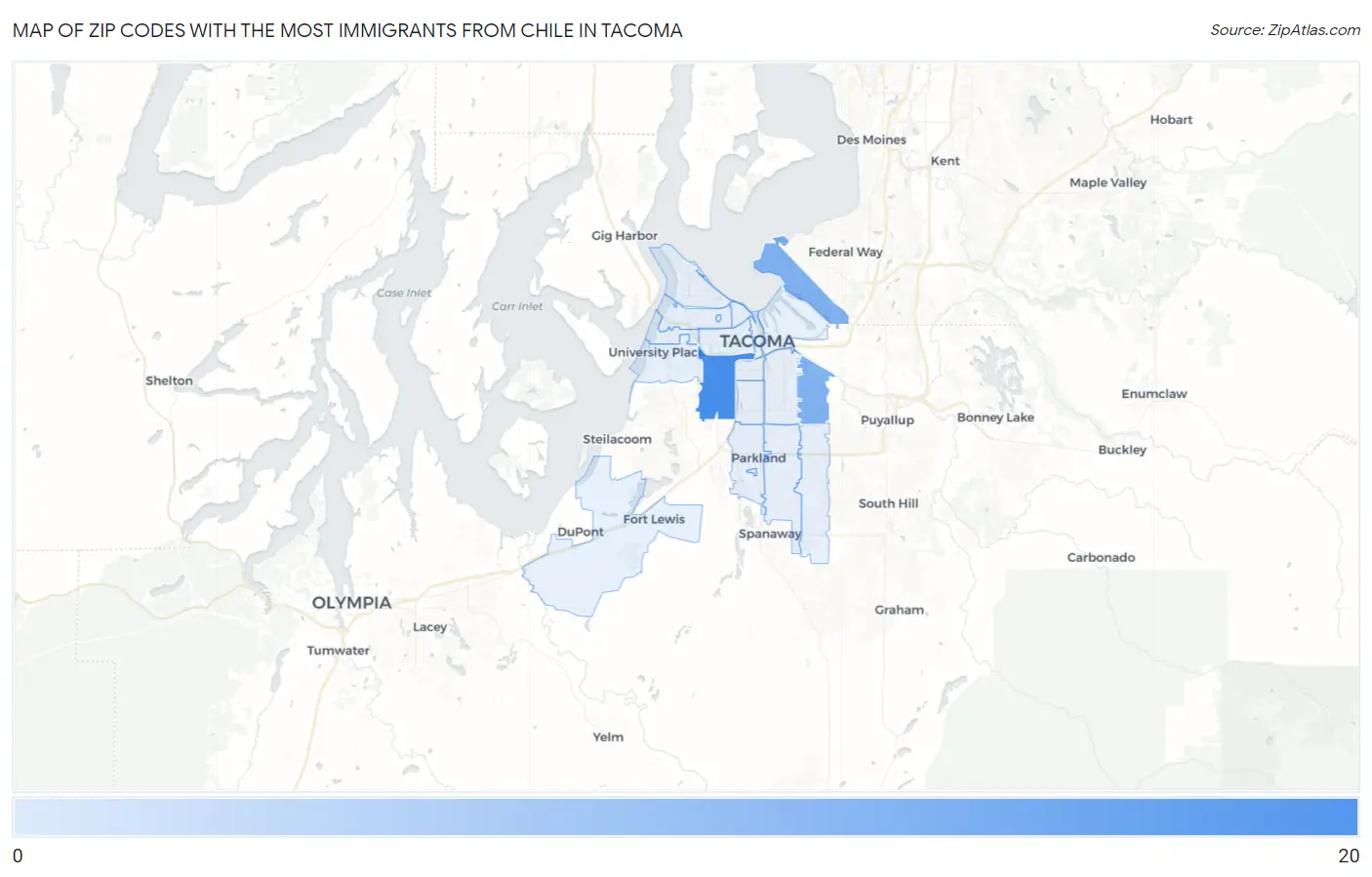 Zip Codes with the Most Immigrants from Chile in Tacoma Map