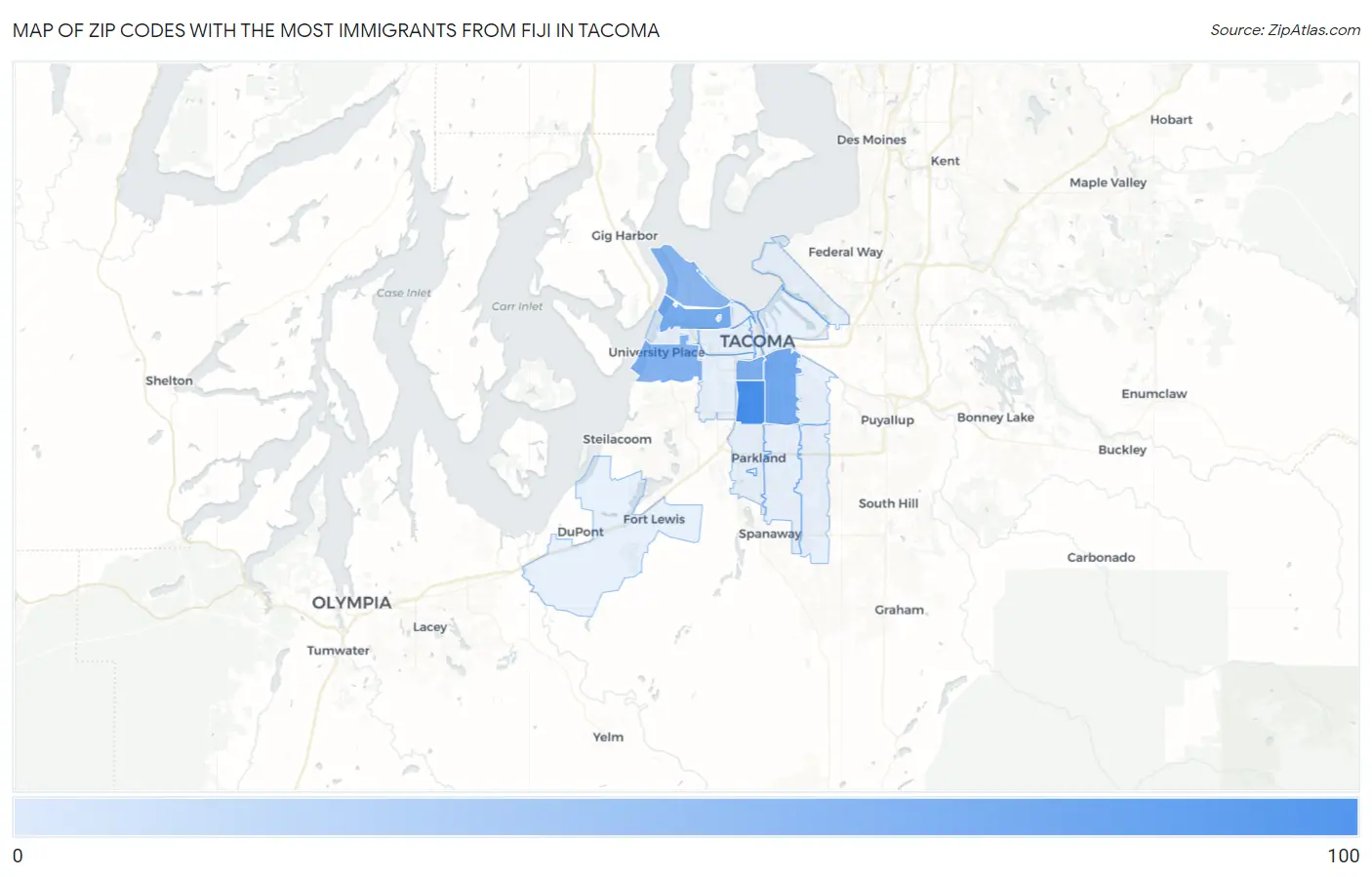Zip Codes with the Most Immigrants from Fiji in Tacoma Map