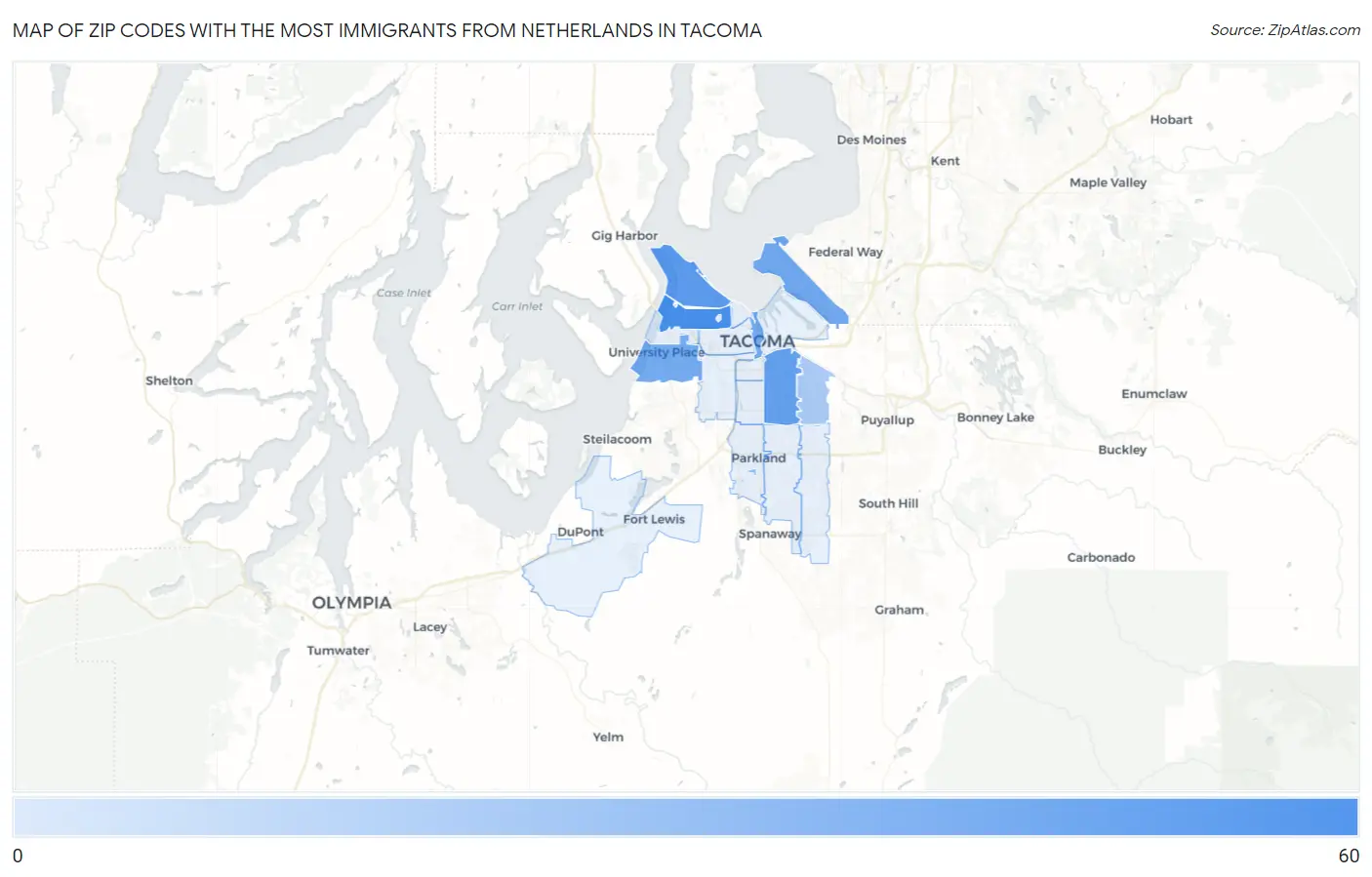Zip Codes with the Most Immigrants from Netherlands in Tacoma Map