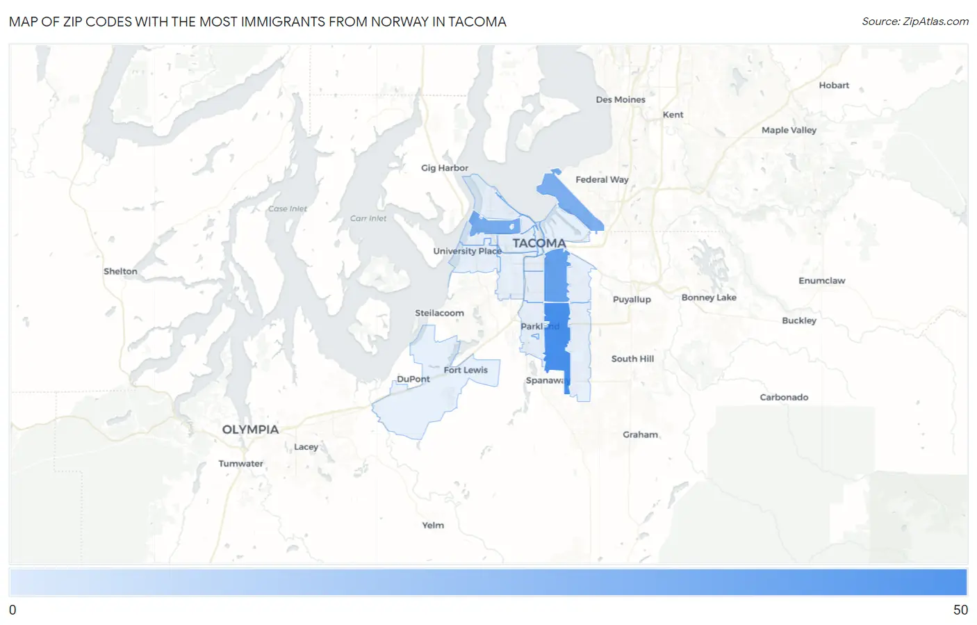 Zip Codes with the Most Immigrants from Norway in Tacoma Map