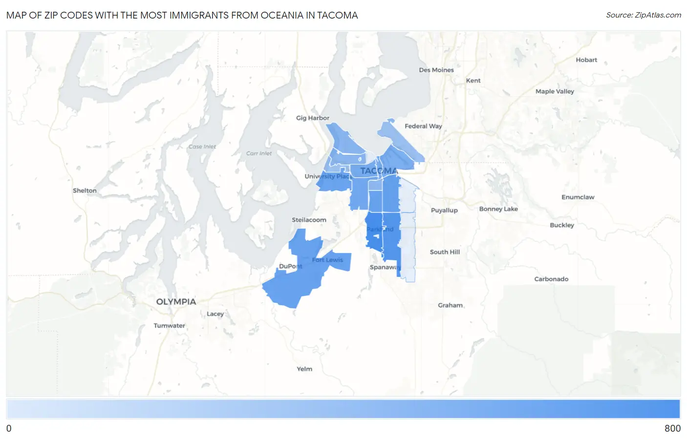 Zip Codes with the Most Immigrants from Oceania in Tacoma Map