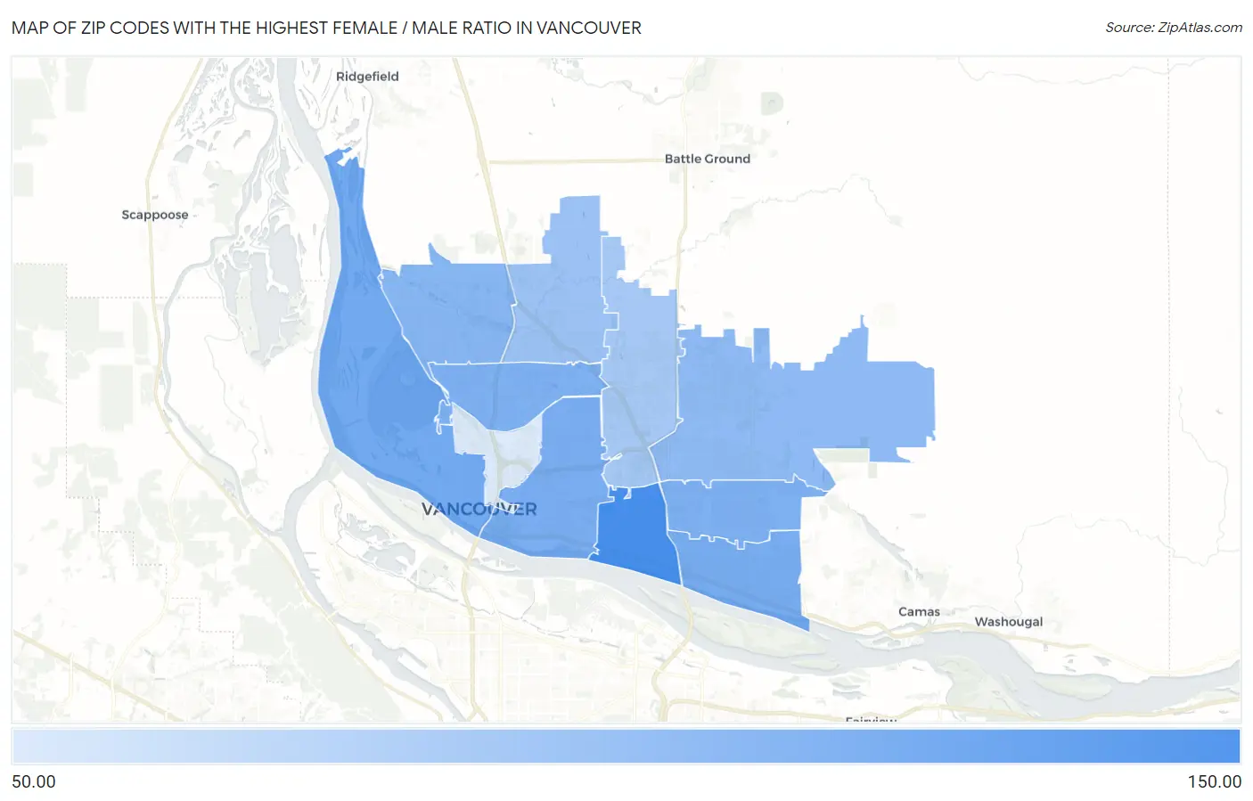 Zip Codes with the Highest Female / Male Ratio in Vancouver Map
