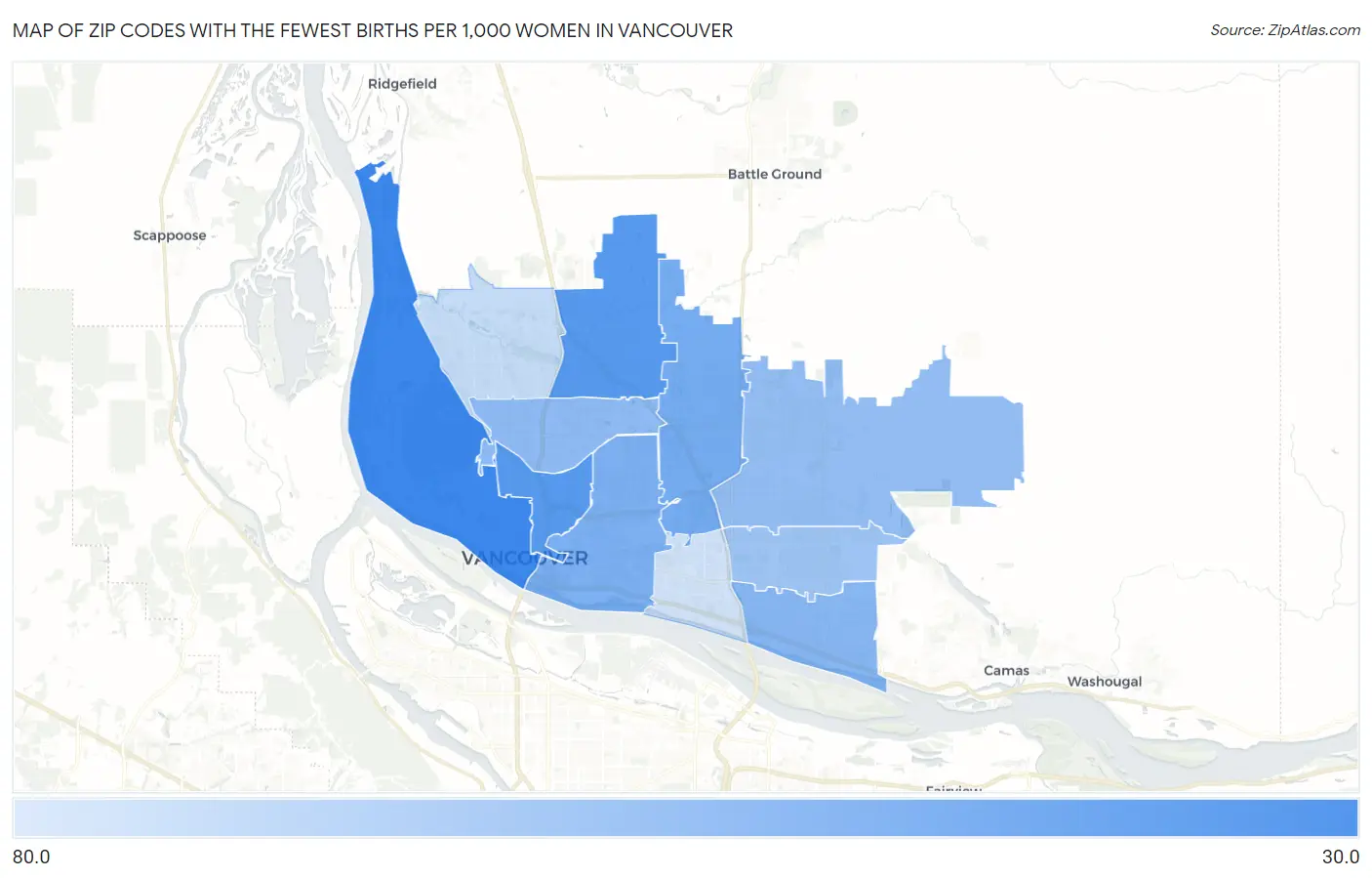 Zip Codes with the Fewest Births per 1,000 Women in Vancouver Map