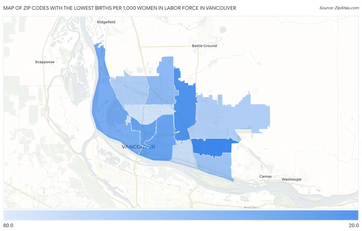 Zip Codes with the Lowest Births per 1,000 Women in Labor Force in Vancouver Map