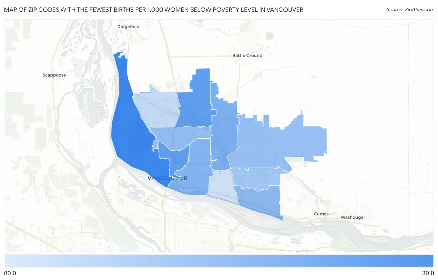 Zip Codes with the Fewest Births per 1,000 Women Below Poverty Level in Vancouver Map