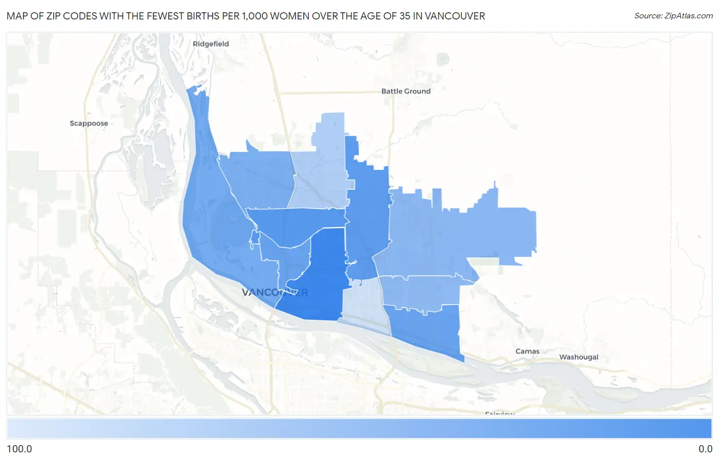 Zip Codes with the Fewest Births per 1,000 Women Over the Age of 35 in Vancouver Map