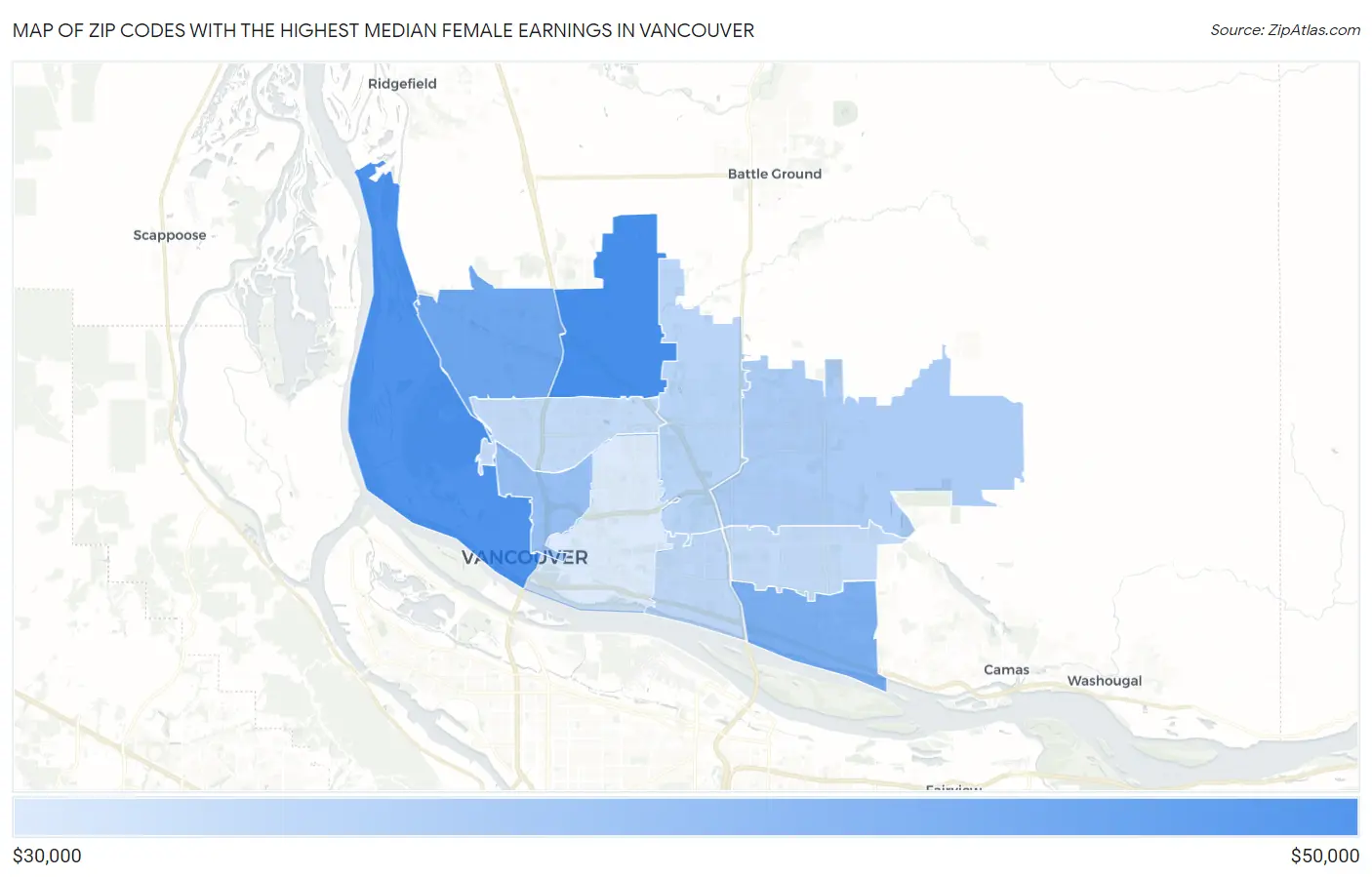 Zip Codes with the Highest Median Female Earnings in Vancouver Map