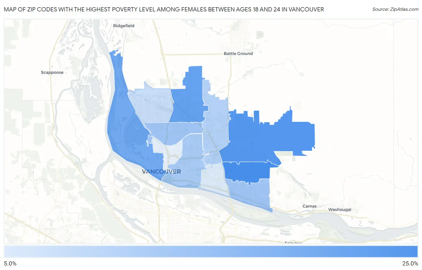 Zip Codes with the Highest Poverty Level Among Females Between Ages 18 and 24 in Vancouver Map