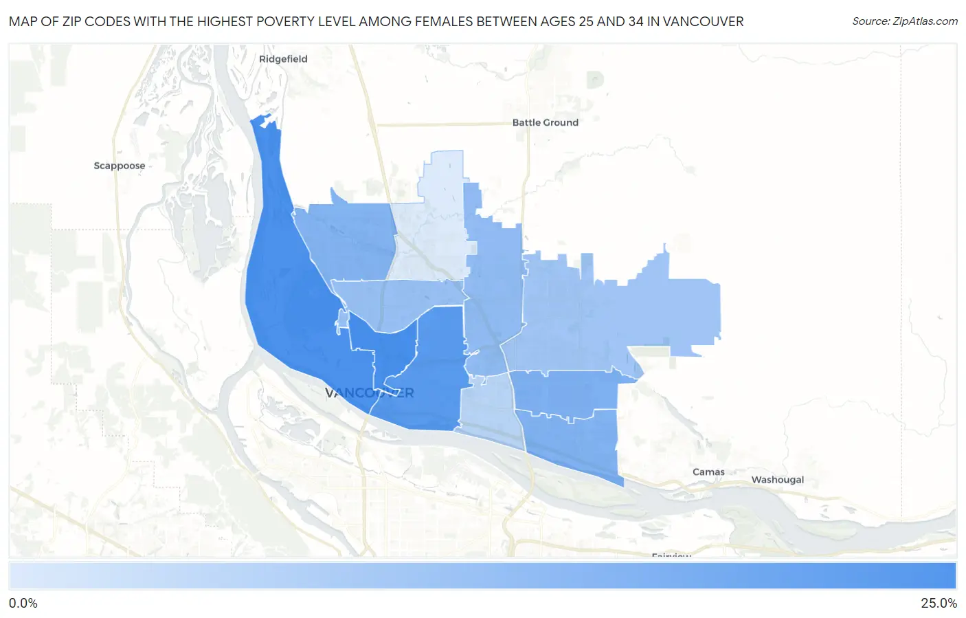 Zip Codes with the Highest Poverty Level Among Females Between Ages 25 and 34 in Vancouver Map