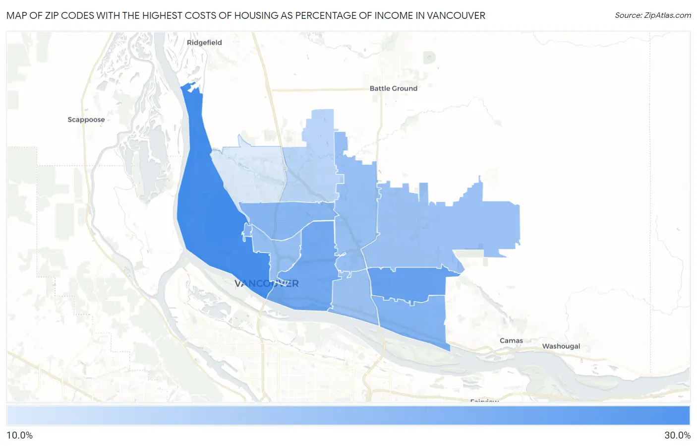 Zip Codes with the Highest Costs of Housing as Percentage of Income in Vancouver Map