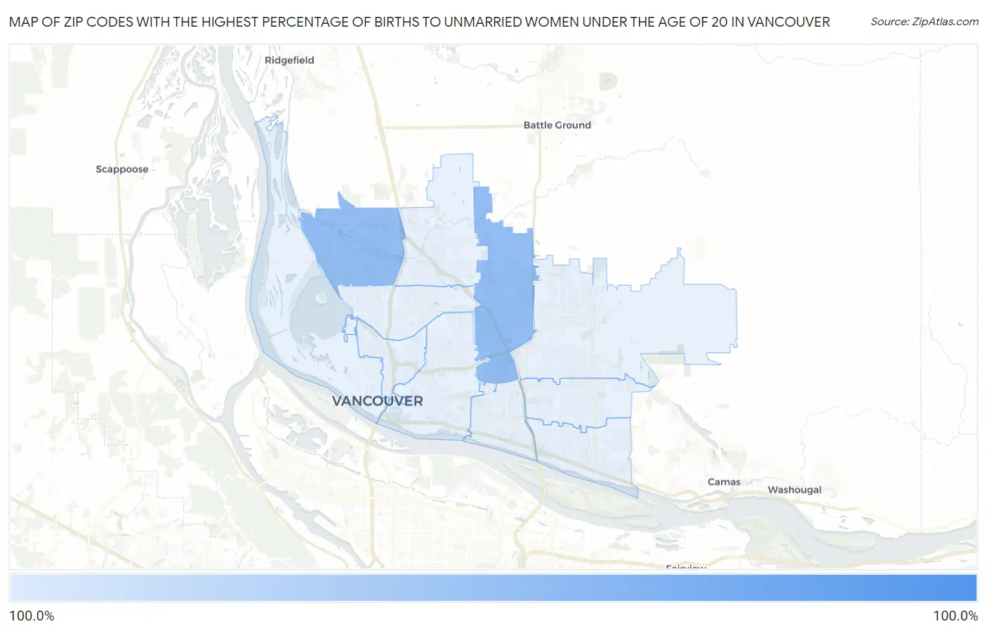 Zip Codes with the Highest Percentage of Births to Unmarried Women under the Age of 20 in Vancouver Map
