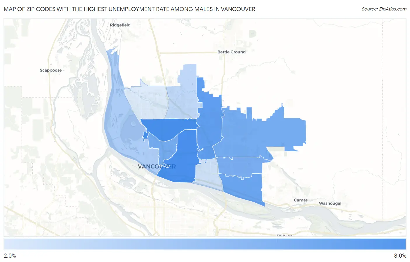 Zip Codes with the Highest Unemployment Rate Among Males in Vancouver Map