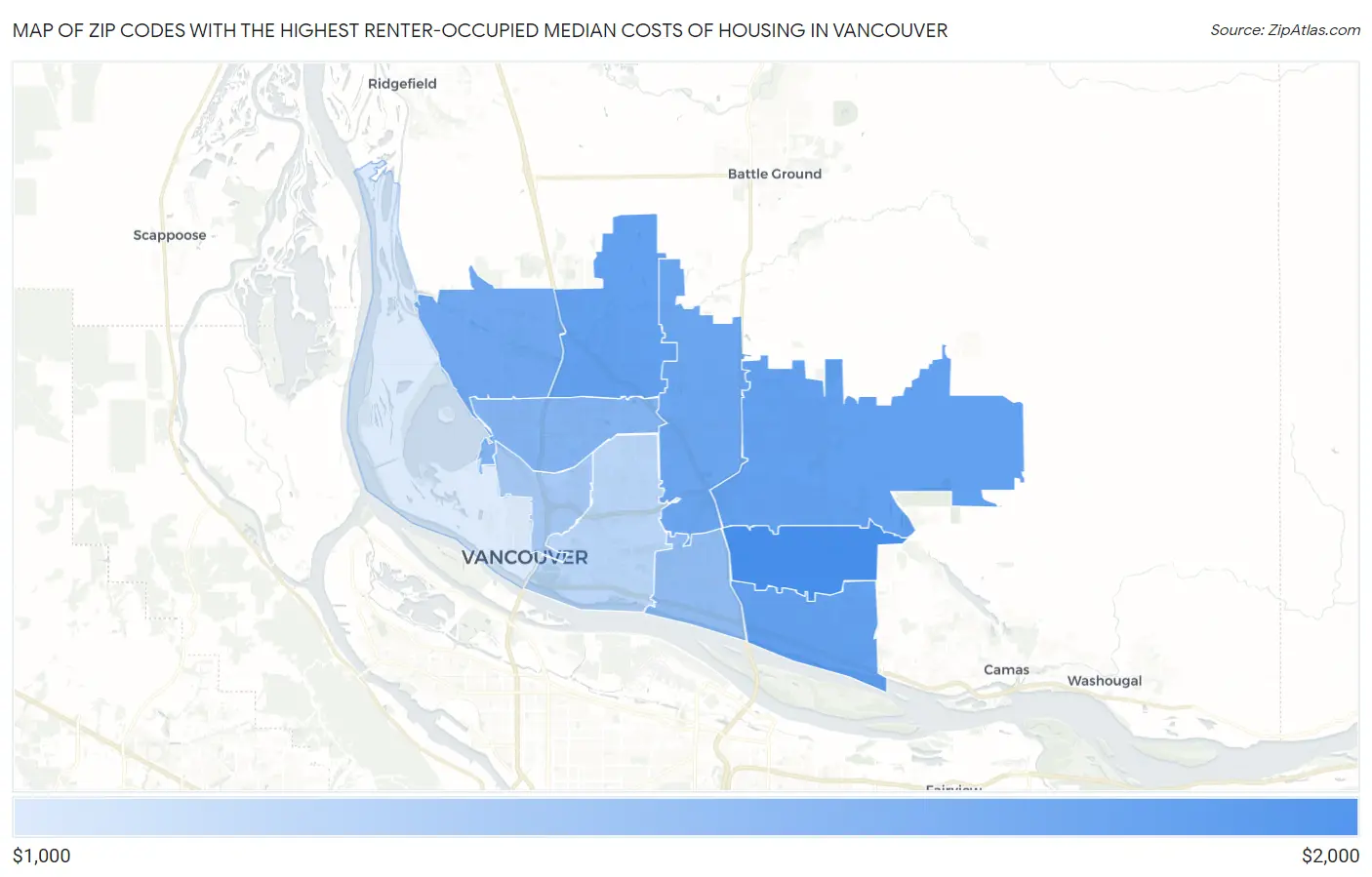 Zip Codes with the Highest Renter-Occupied Median Costs of Housing in Vancouver Map
