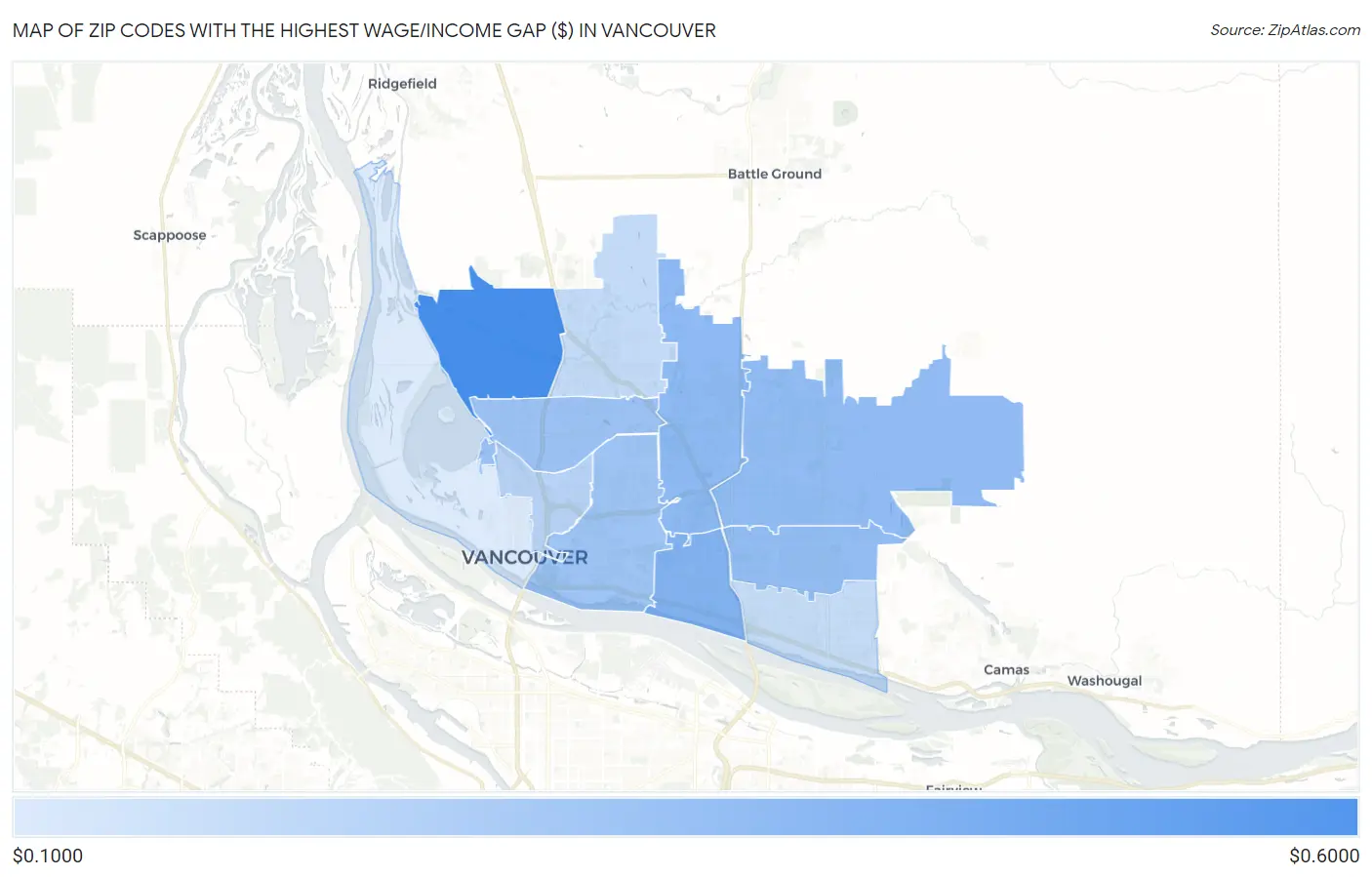Zip Codes with the Highest Wage/Income Gap ($) in Vancouver Map