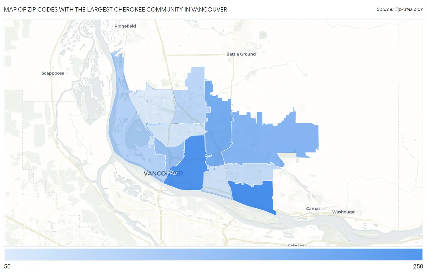 Zip Codes with the Largest Cherokee Community in Vancouver Map