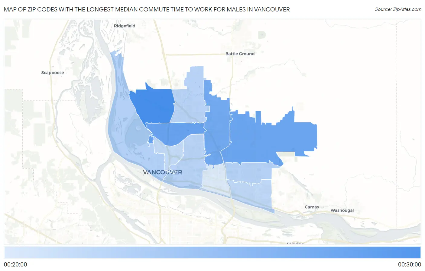 Zip Codes with the Longest Median Commute Time to Work for Males in Vancouver Map