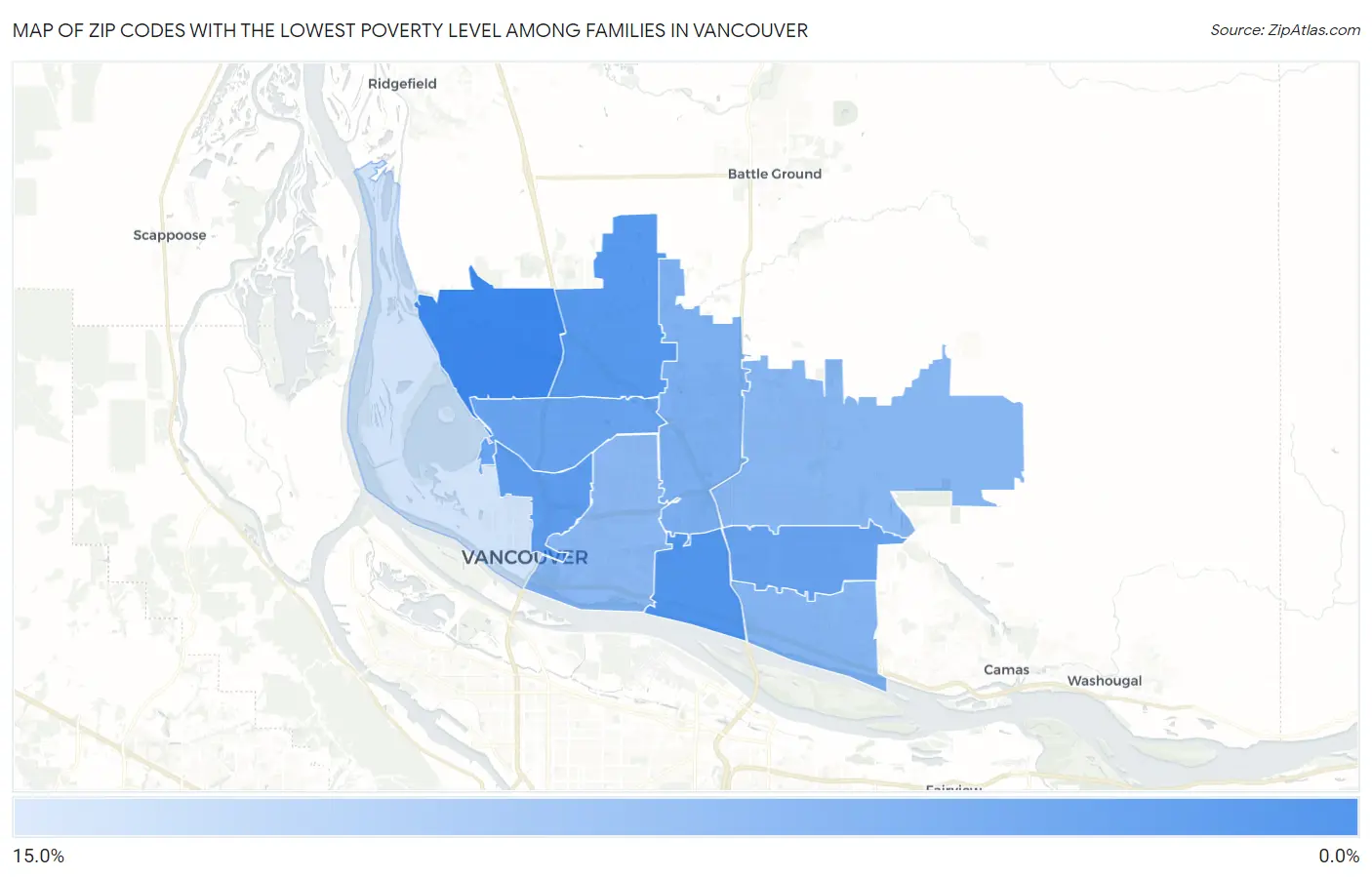 Zip Codes with the Lowest Poverty Level Among Families in Vancouver Map