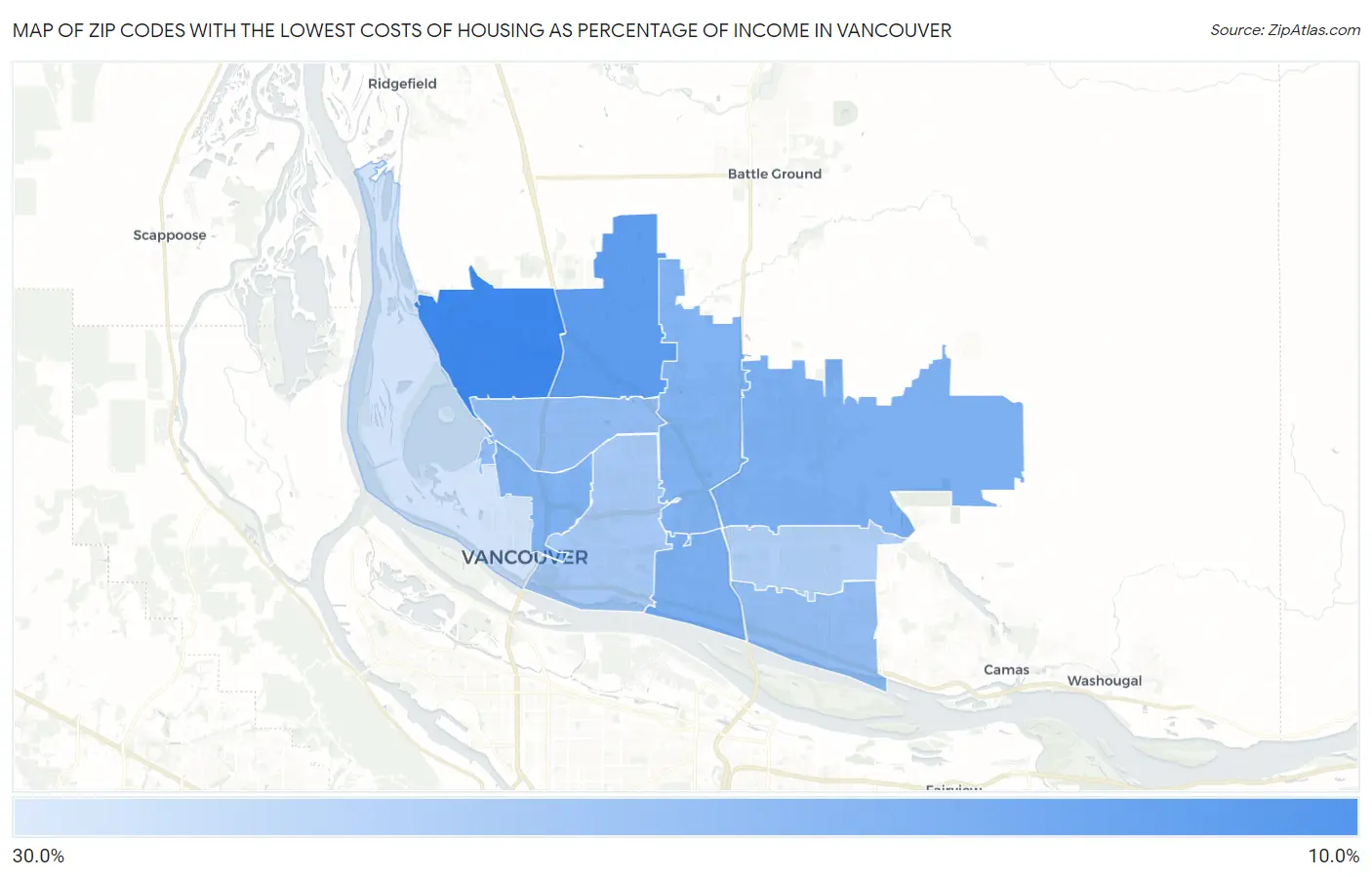 Zip Codes with the Lowest Costs of Housing as Percentage of Income in Vancouver Map
