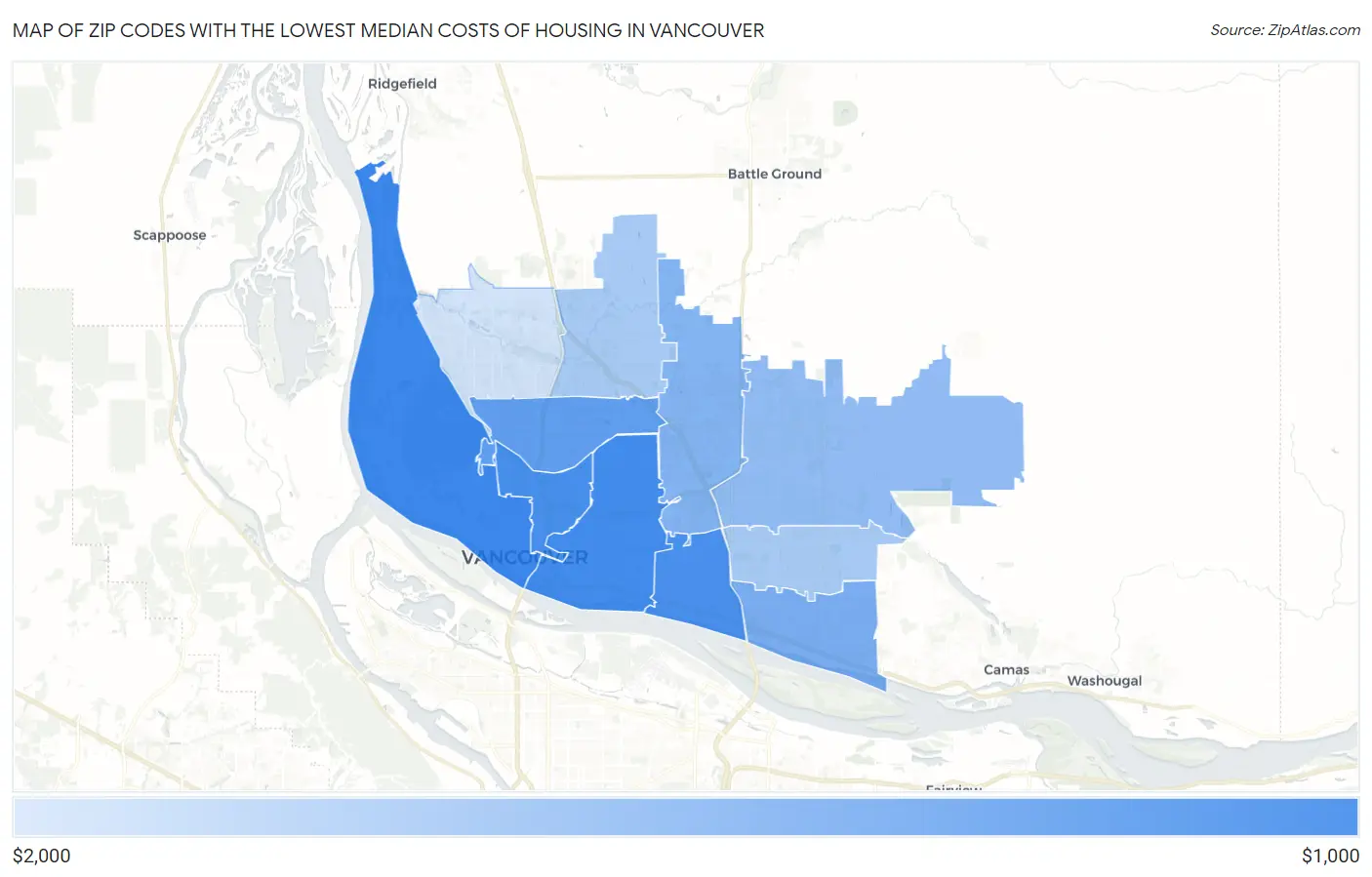 Zip Codes with the Lowest Median Costs of Housing in Vancouver Map