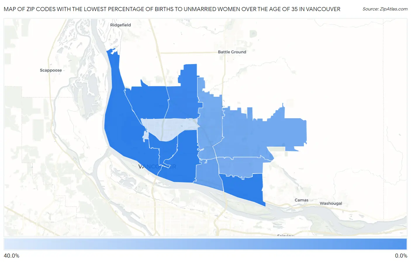 Zip Codes with the Lowest Percentage of Births to Unmarried Women over the Age of 35 in Vancouver Map