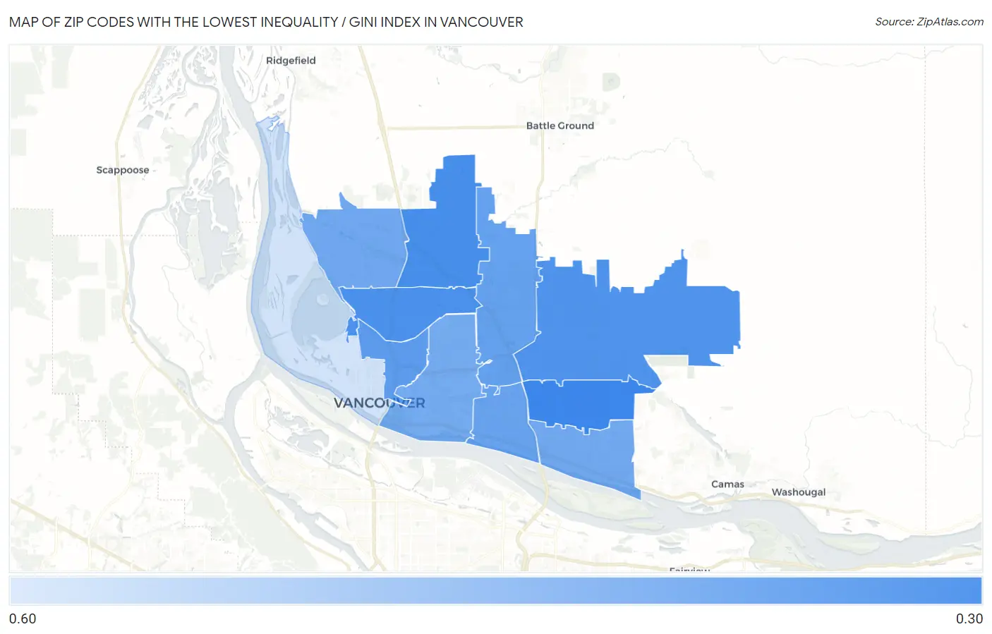 Zip Codes with the Lowest Inequality / Gini Index in Vancouver Map
