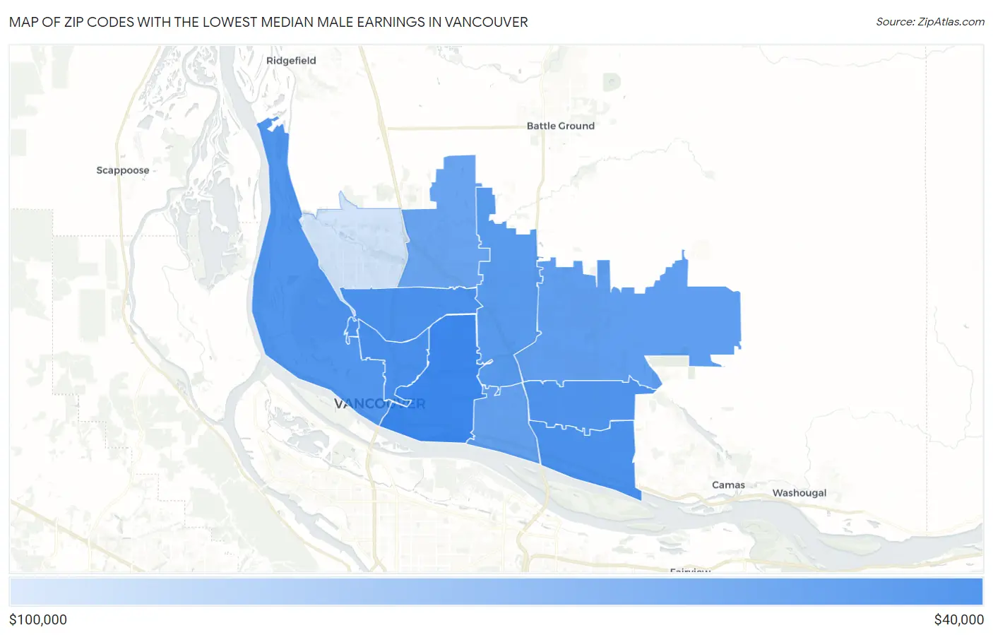Zip Codes with the Lowest Median Male Earnings in Vancouver Map