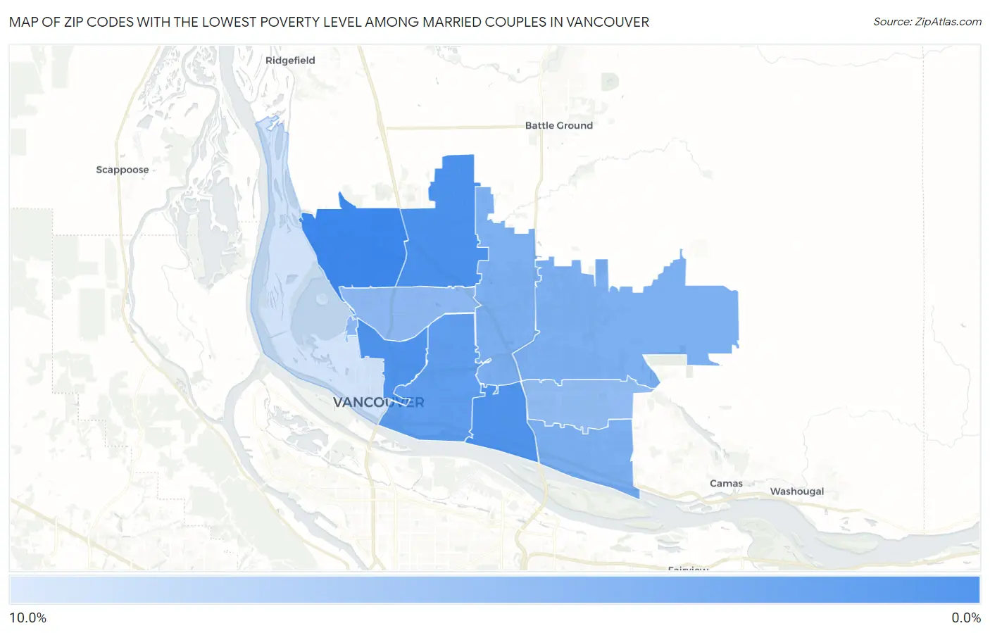Zip Codes with the Lowest Poverty Level Among Married Couples in Vancouver Map