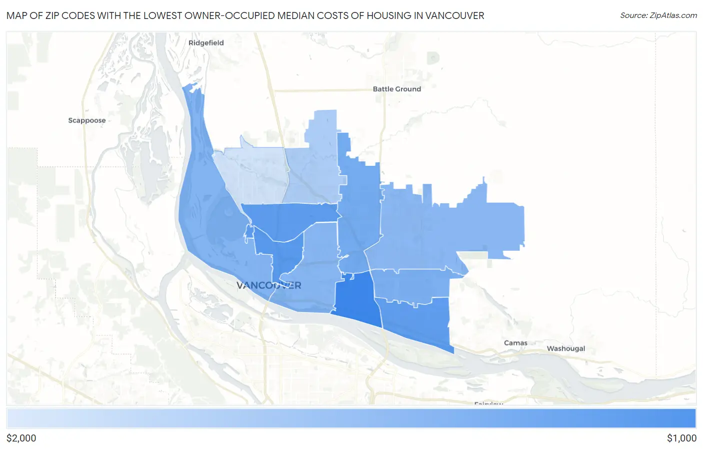 Zip Codes with the Lowest Owner-Occupied Median Costs of Housing in Vancouver Map