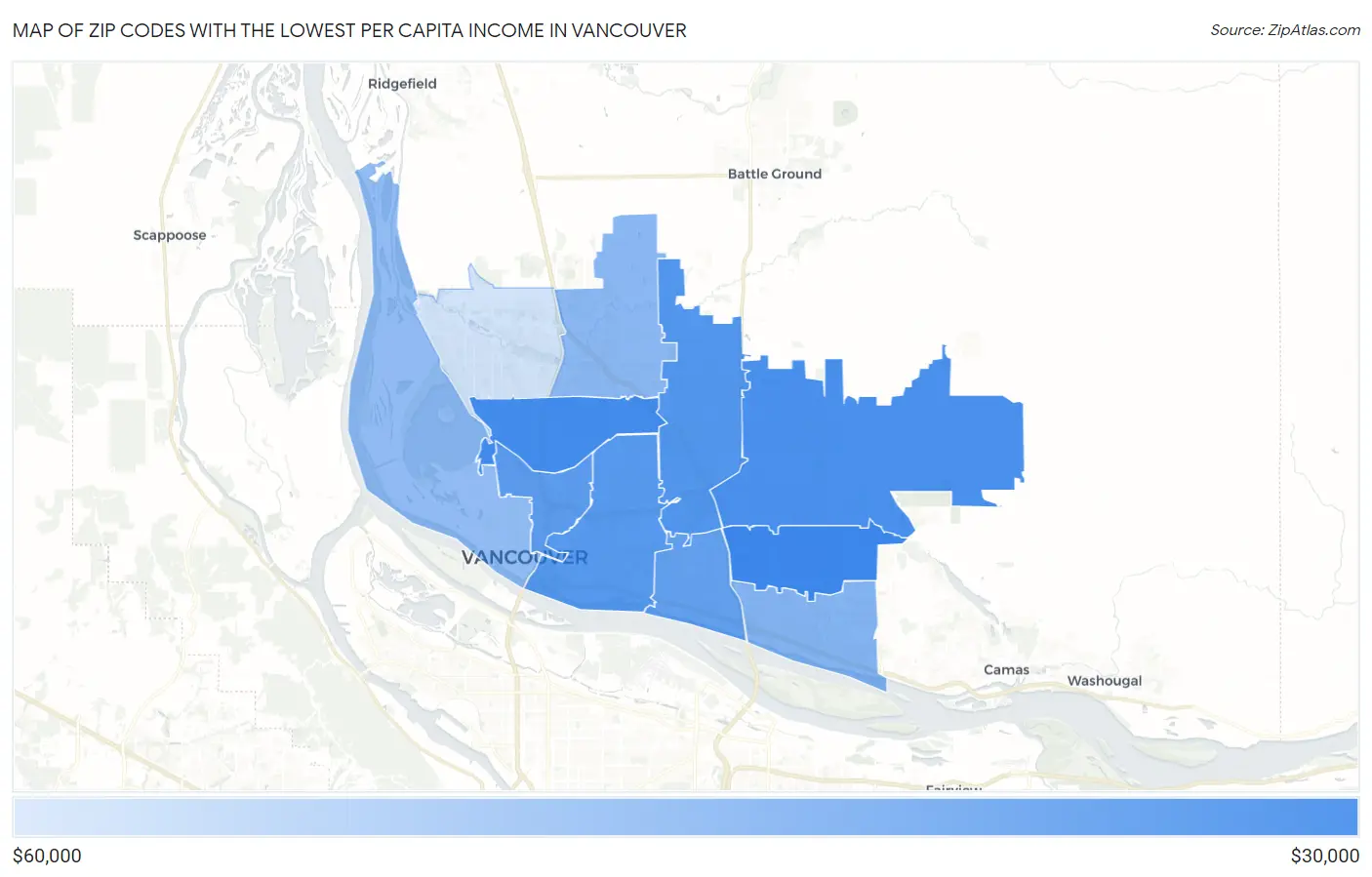 Zip Codes with the Lowest Per Capita Income in Vancouver Map