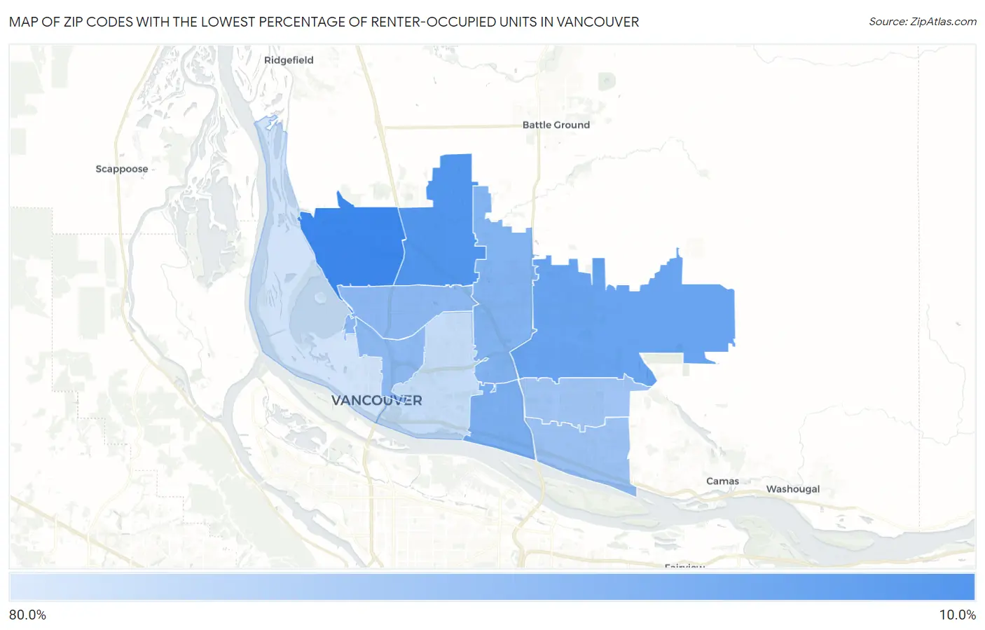 Zip Codes with the Lowest Percentage of Renter-Occupied Units in Vancouver Map