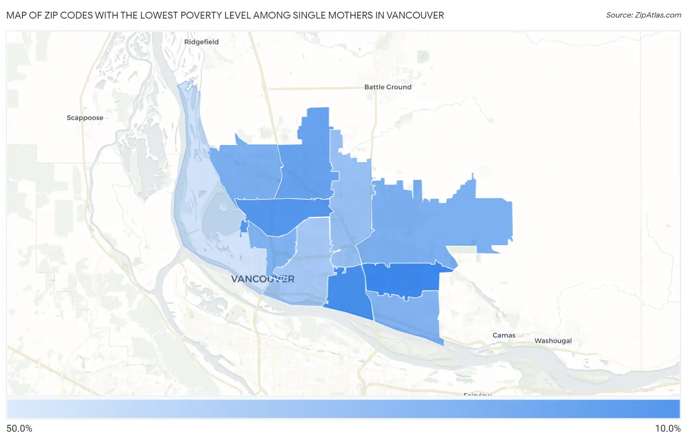 Zip Codes with the Lowest Poverty Level Among Single Mothers in Vancouver Map