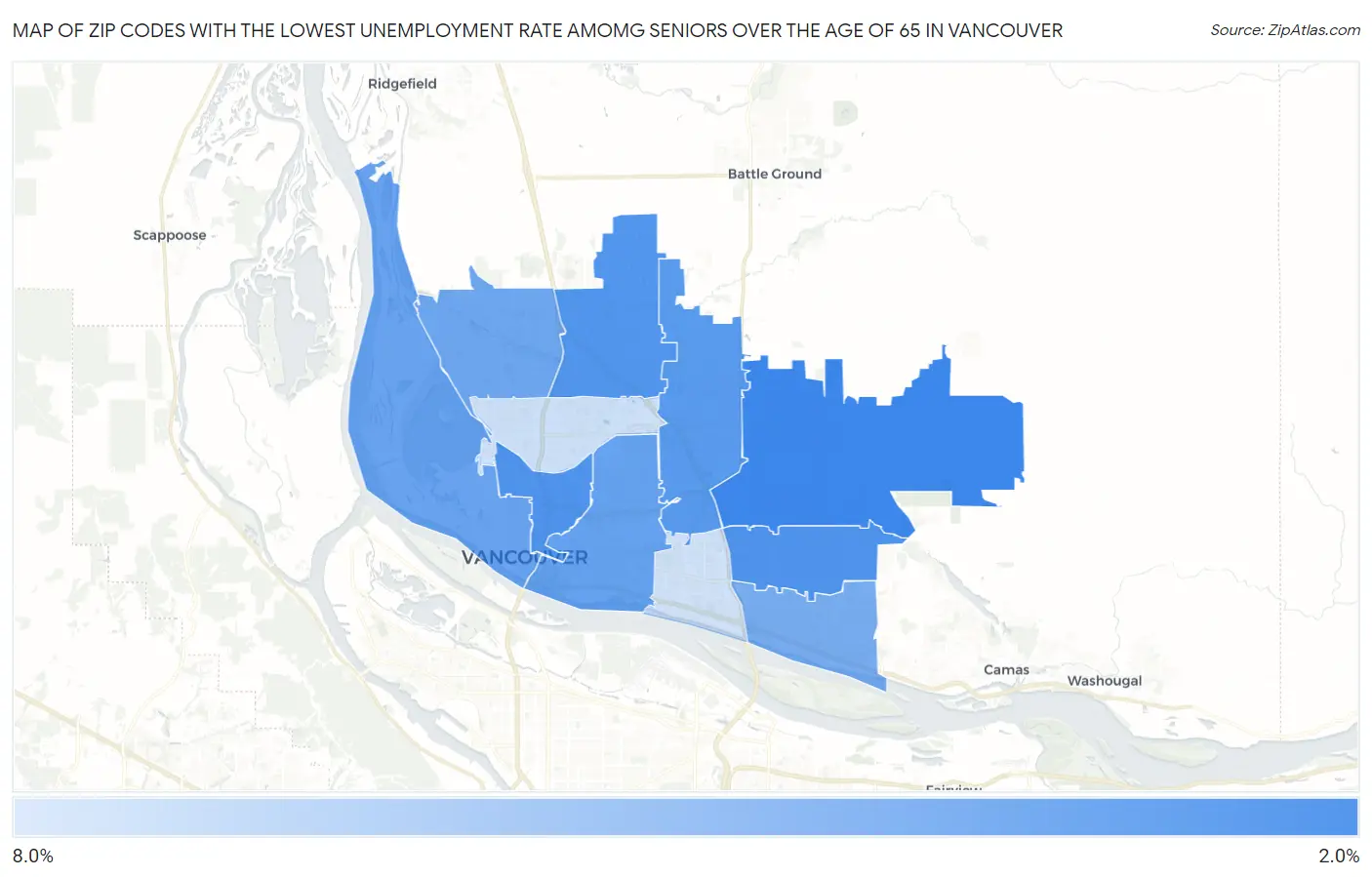 Zip Codes with the Lowest Unemployment Rate Amomg Seniors Over the Age of 65 in Vancouver Map