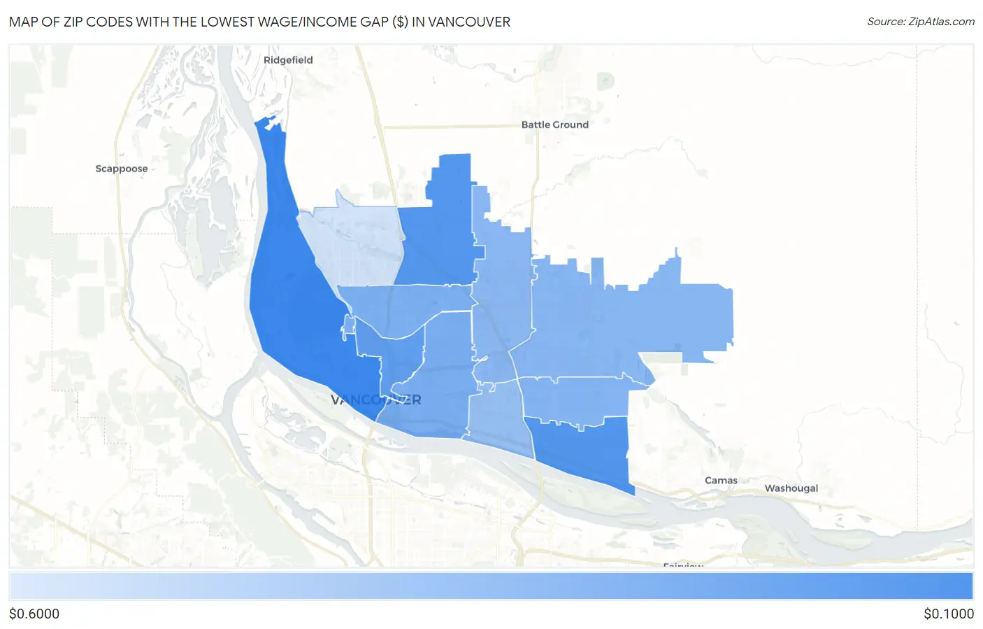 Zip Codes with the Lowest Wage/Income Gap ($) in Vancouver Map