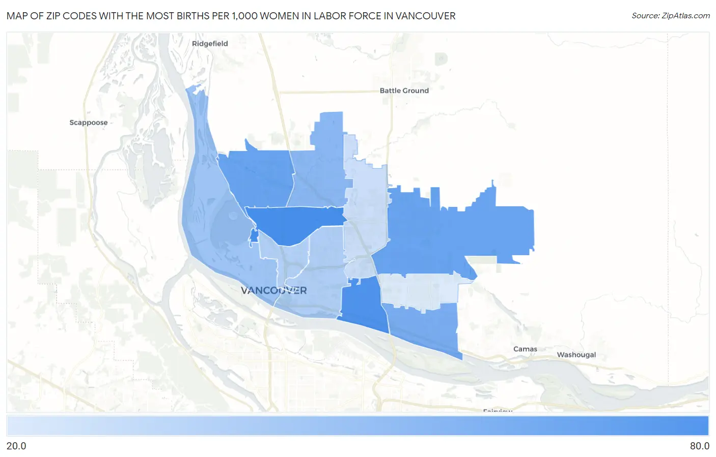 Zip Codes with the Most Births per 1,000 Women in Labor Force in Vancouver Map