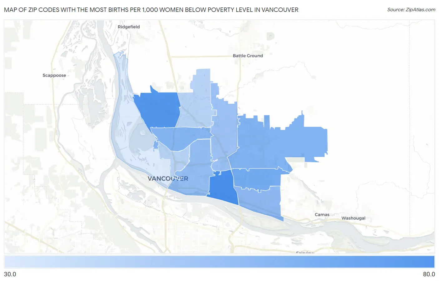 Zip Codes with the Most Births per 1,000 Women Below Poverty Level in Vancouver Map
