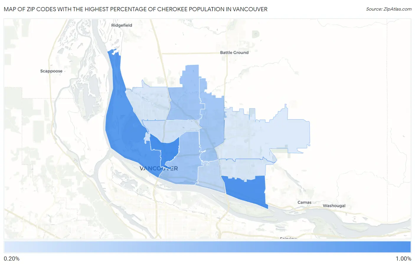 Zip Codes with the Highest Percentage of Cherokee Population in Vancouver Map