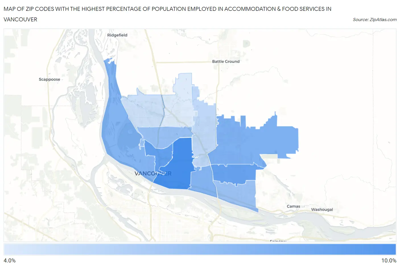 Zip Codes with the Highest Percentage of Population Employed in Accommodation & Food Services in Vancouver Map