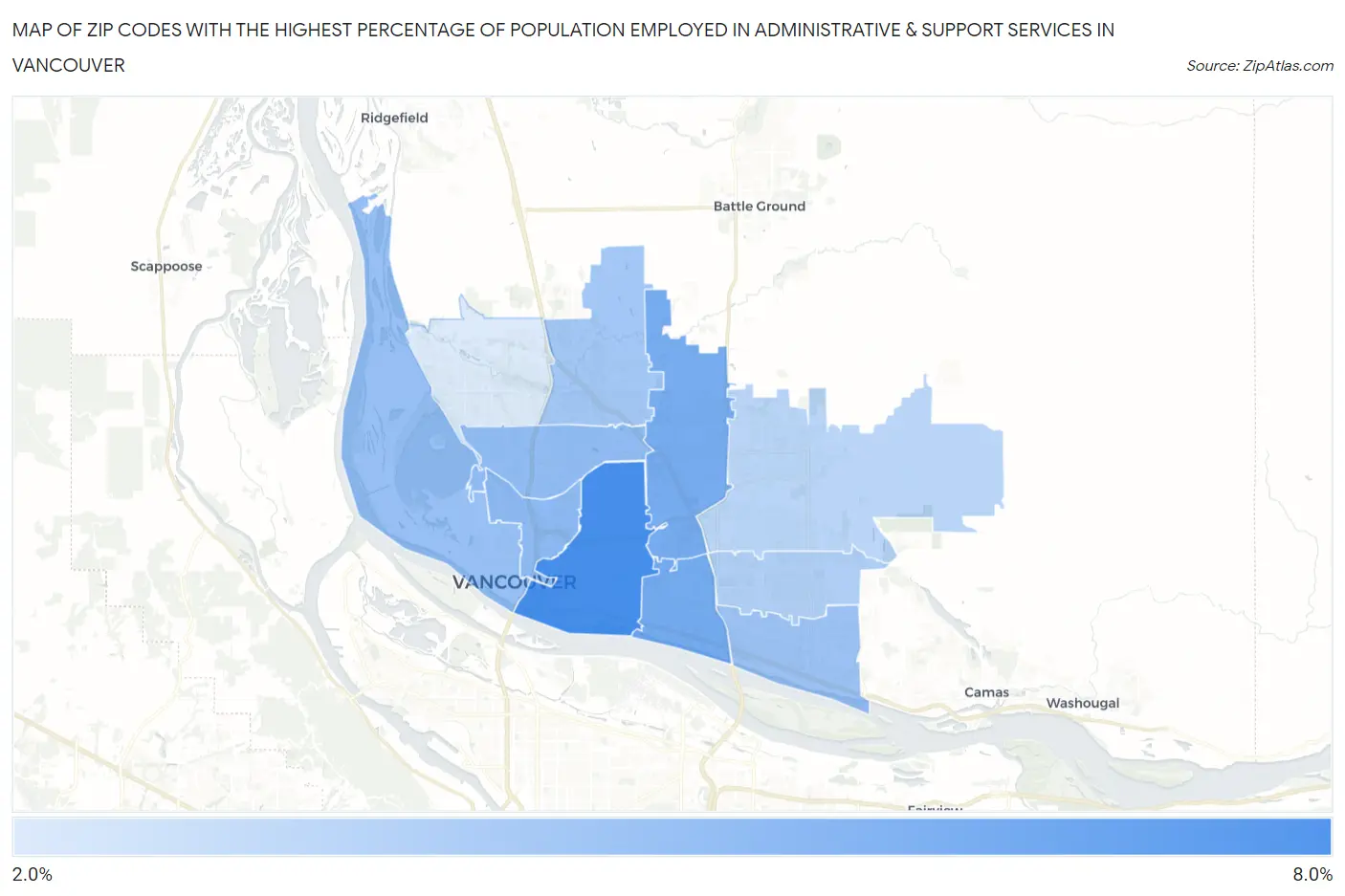 Zip Codes with the Highest Percentage of Population Employed in Administrative & Support Services in Vancouver Map