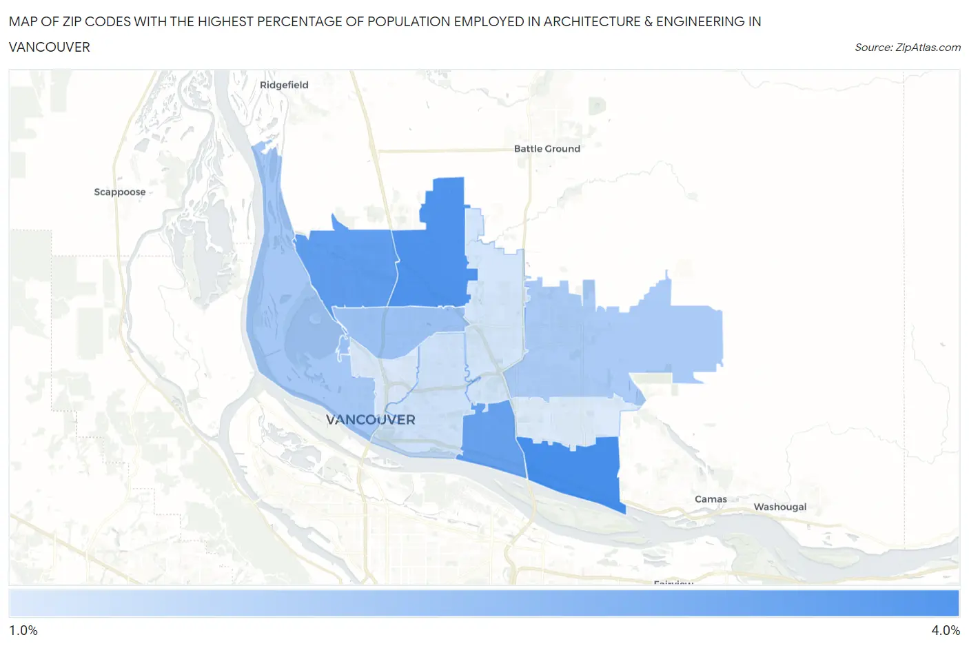 Zip Codes with the Highest Percentage of Population Employed in Architecture & Engineering in Vancouver Map