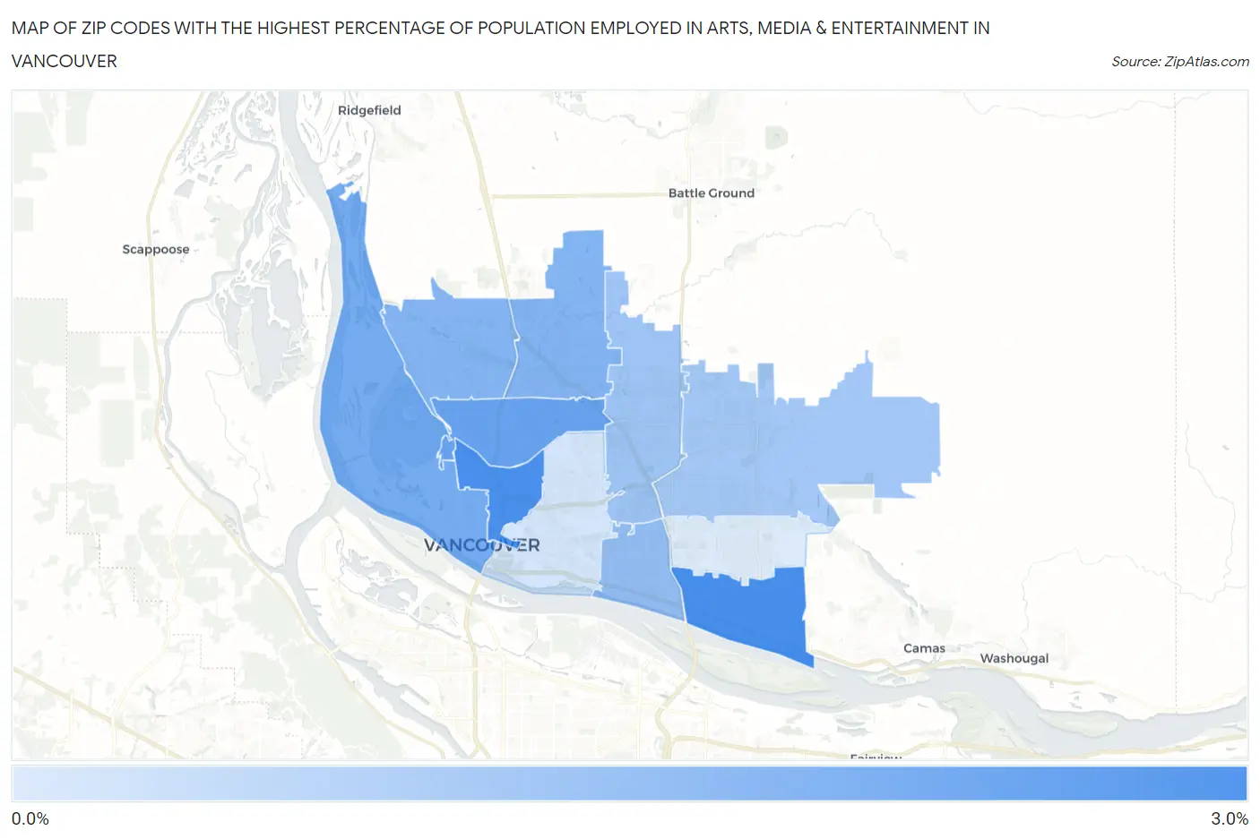 Zip Codes with the Highest Percentage of Population Employed in Arts, Media & Entertainment in Vancouver Map