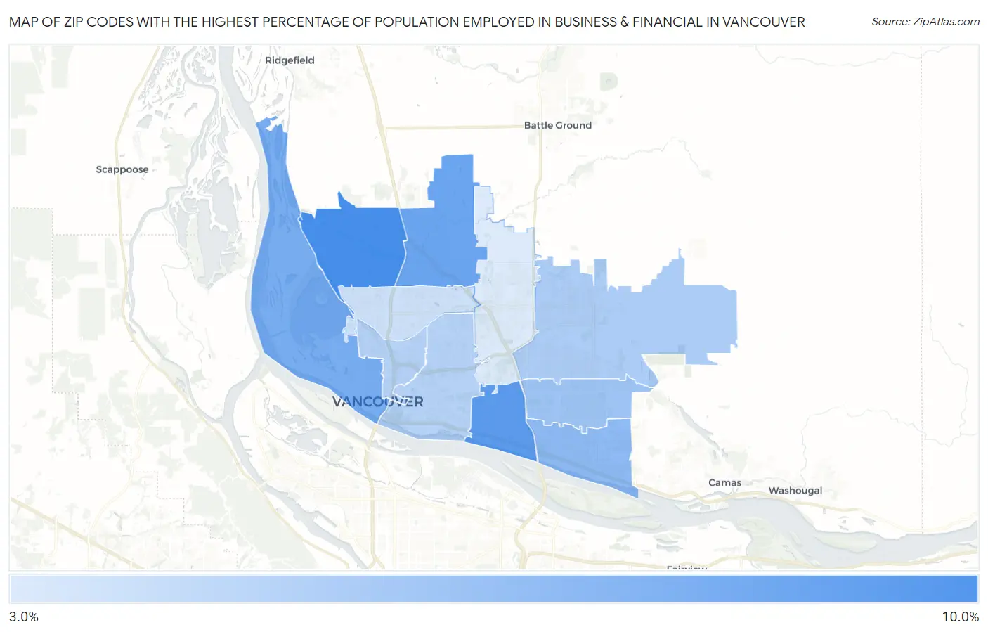 Zip Codes with the Highest Percentage of Population Employed in Business & Financial in Vancouver Map